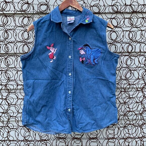 Vintage 90s Eeyore Piglet Disney sleeveless chambray shirt LARGE - Picture 1 of 5